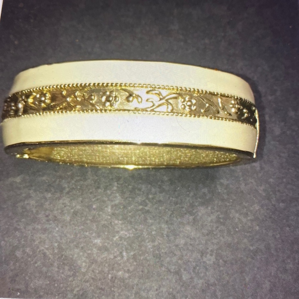 enamel snap bracelet, bangle, golden and cream